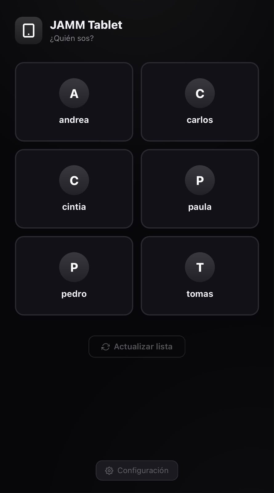 Pantalla ¿Quién sos? de la tablet: cada mozo entra con su usuario